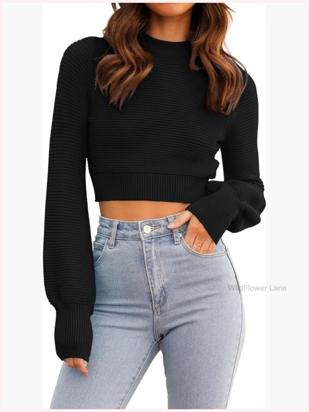 Mock Neck Cropped Sweater - Long Sleeve Ribbed Knit Pullover - Fall Winter Top